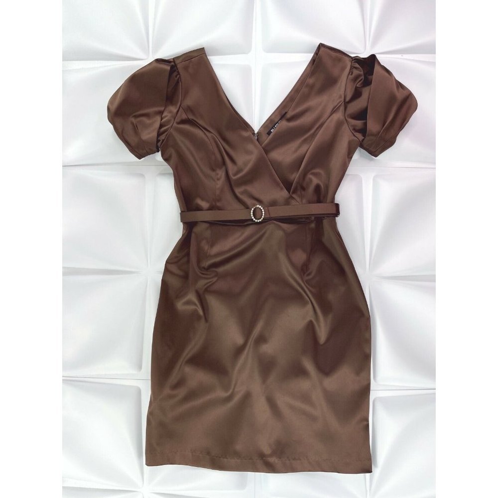 Ellen Tracy Sz 12 Brown Satin Belted Sheath Shift Dress Cocktail Formal V Neck